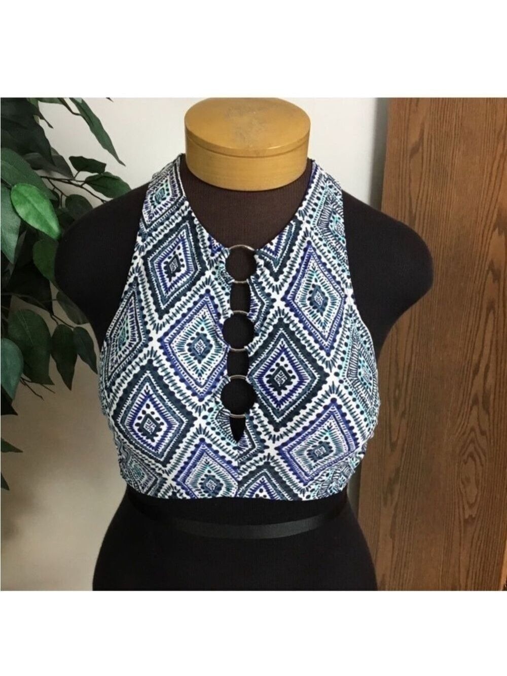 SO high neck swim top Woman’s size 0X  blue black green white boho patte…